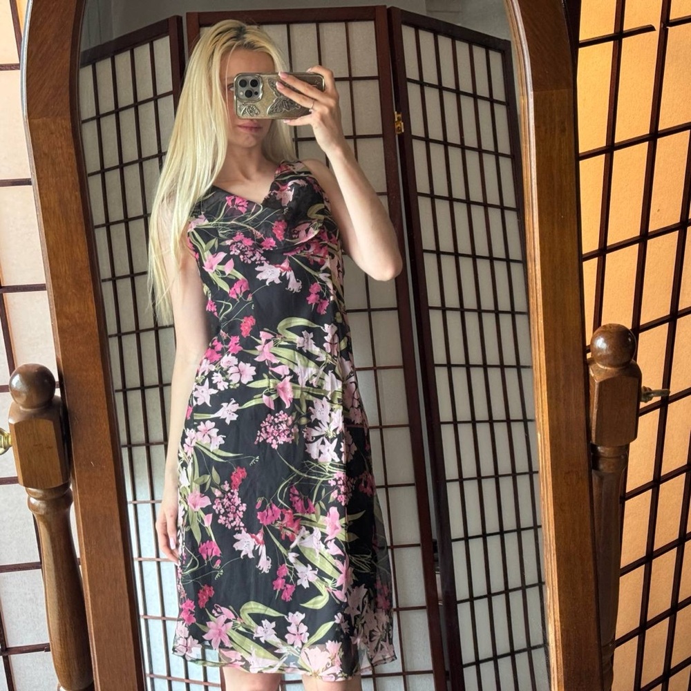 Vintage Black Floral Slip Dress with Pink & Green Print